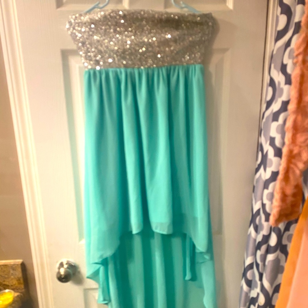 Teal with Silver Sequins Strapless Dress